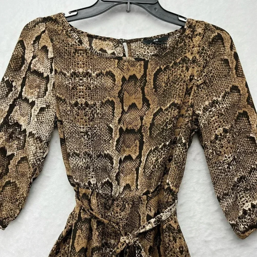H&M Mini Dress Women's Sz 4 Brown Snake Print 3/4 Sleeve Scoop Neck Tie Waist - Picture 6 of 11